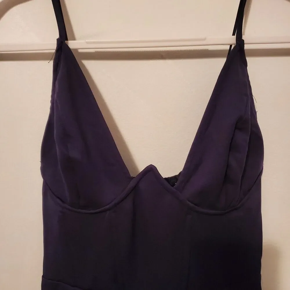 NWT Pretty Little Thing Navy Blue V Bar Binded Midi Plunge Dress 8 Bodycon - Picture 2 of 6